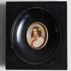Ancienne Peinture miniature portrait Jeune Dame tableaux antiquit&eacute;s