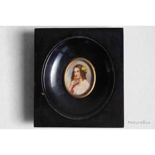 Ancienne Peinture miniature portrait Jeune Dame tableaux antiquit�s