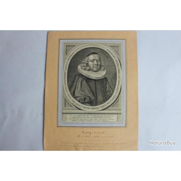Gravure portrait Konig Emmanuel philosophe Suisse XVIIIe sicle