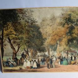 Ancienne gravure rehaussée 1851 Bord lac Suisse