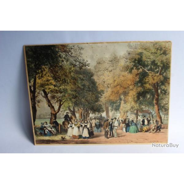 Ancienne gravure rehausse 1851 Bord lac Suisse