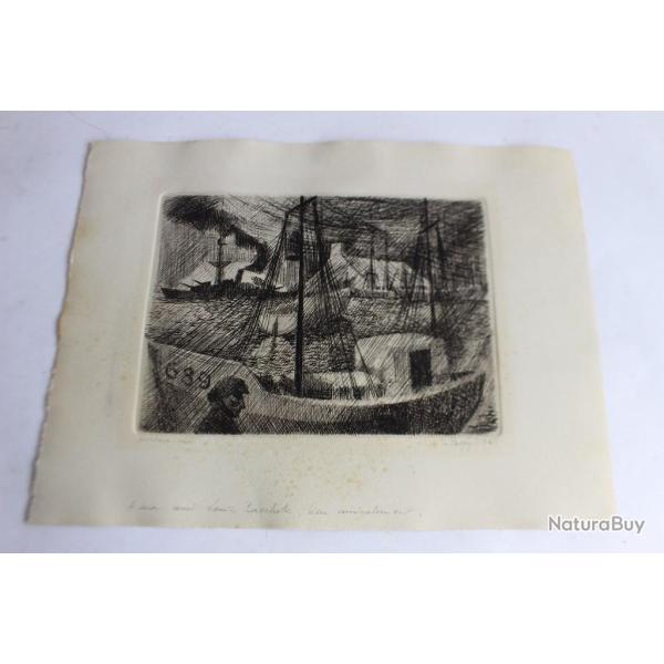 Gravure Bretagne bateaux 1960