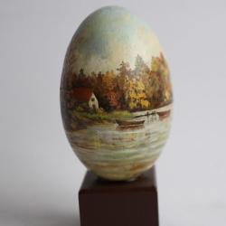 OEuf peint Automne au bord de l'eau peinture à l'huile RAPP 1984