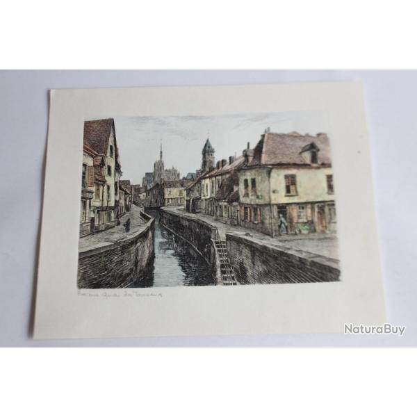 Estampe grave sur cuivre Amiens Quai des tanneurs