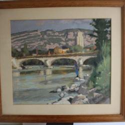 Peinture &agrave; l'huile P&ecirc;cheur au bord de l'eau E. HERMES 1949