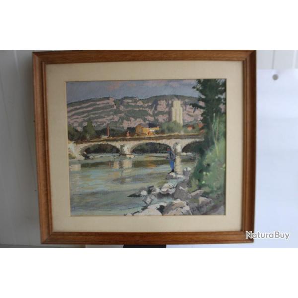 Peinture � l'huile P�cheur au bord de l'eau E. HERMES 1949