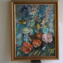 Peinture &agrave; l'huile Rose CHARREY Fleurs 1992