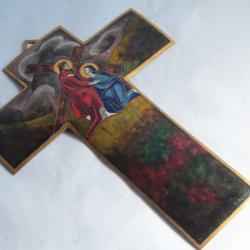 Croix Peinture émaux sur cuivre C. BLANC Christ et Vierge Marie