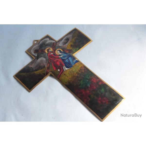 Croix Peinture �maux sur cuivre C. BLANC Christ et Vierge Marie