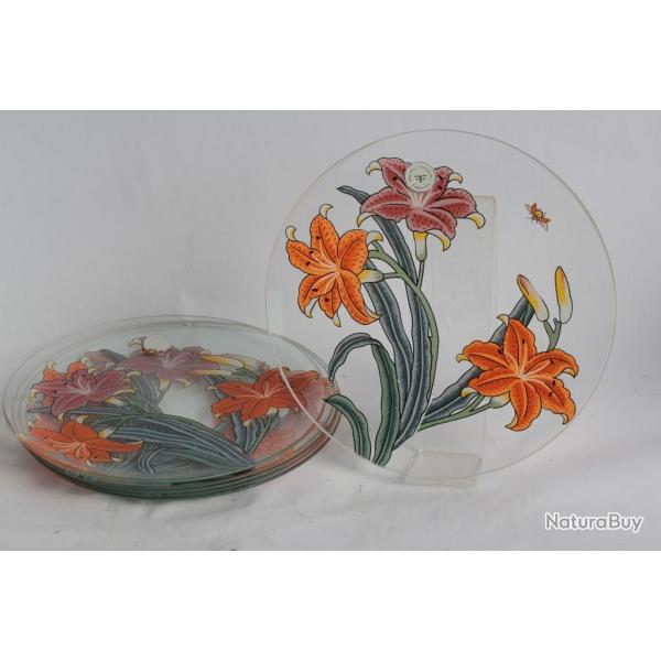 6 Assiettes verre �maill� Fleurs Dorothy Thorpe California