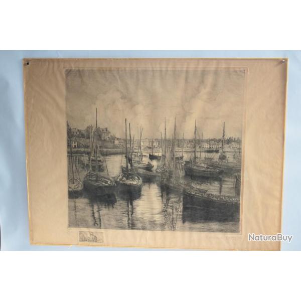Gravure eau-forte originale douard LON Bateaux