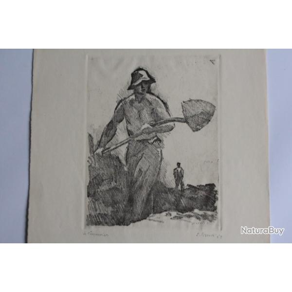 Gravure originale Ernest Pizzotti Le terrassier