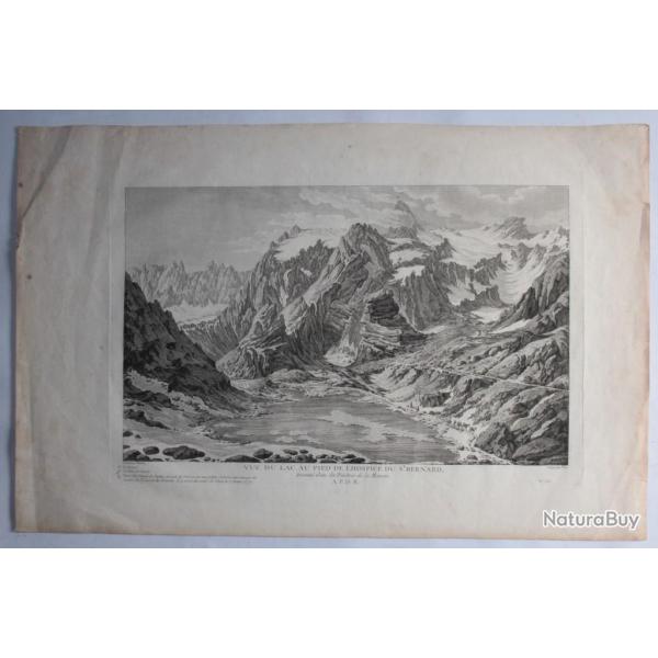 Gravure Vue du Lac au pied de l'Hospice du St-Bernard Suisse Besson