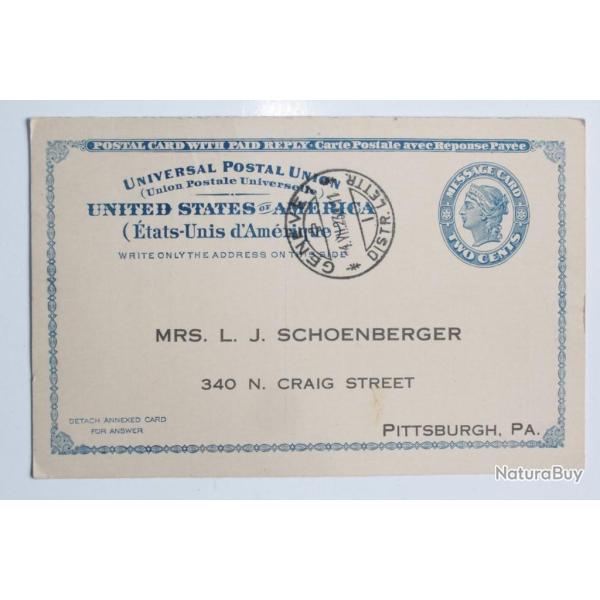 CPA Entier Postal Am�rique avec r�ponse pay�e 1923