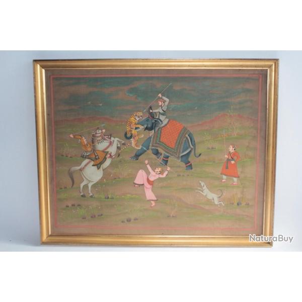 Peinture sur soie Chasse aux tigres Inde