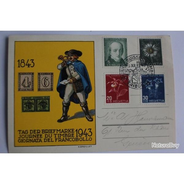 CPA Suisse journ�e du timbre 1943 et timbre pro juventute