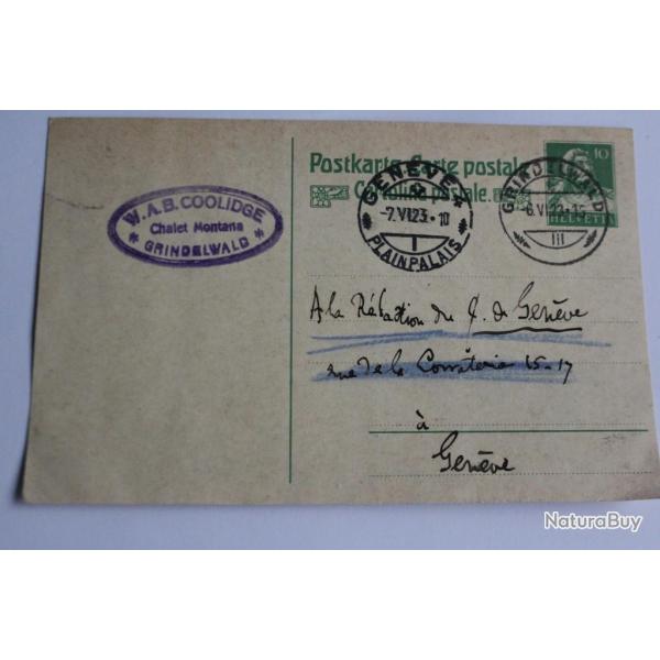 Entier postal Suisse cachet Chalet Montana Grindelwald 1923