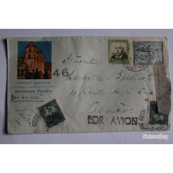 Timbres et vignette Espagnol sur enveloppe par avion sunset Limited 1938