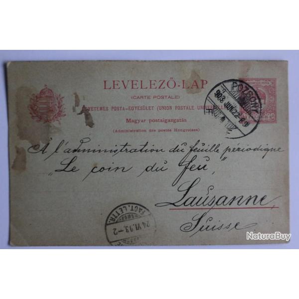 Entier postal Hongrie 1922 cachet pozsony