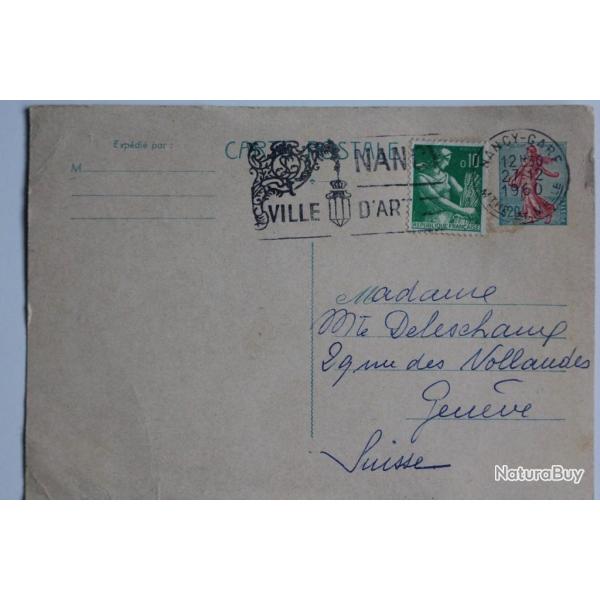 entier postal type semeuse avec cachet Nancy ville d'art 1960