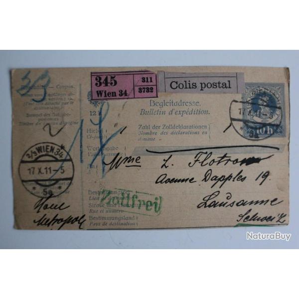 Bulletin d'exp�dition Autriche Vienne colis postale recommand� 1911