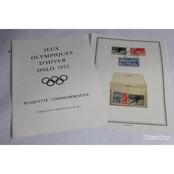 Plaquette comm�morative Jeux Olympiques d'hiver Oslo 1952 Timbres