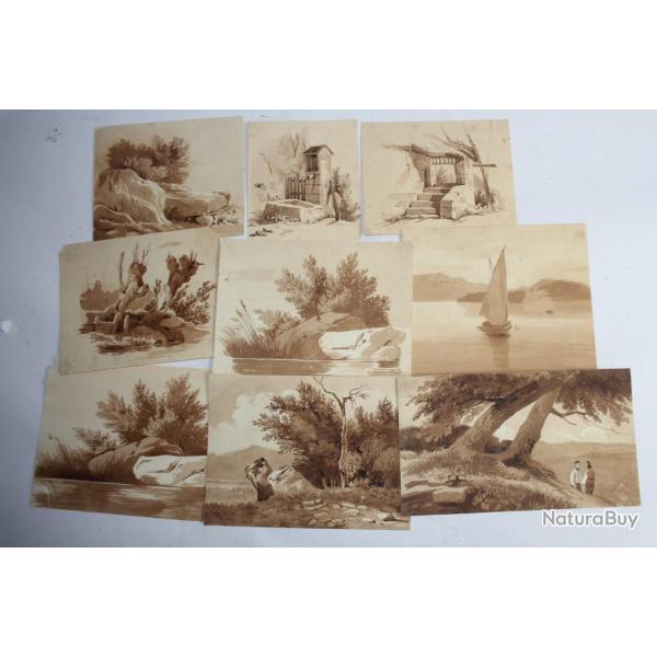 Dessins originaux � l'encre s�pia Fran�ois DIDAY ou Alexandre CALAME