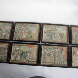 Broderie sur soie s&eacute;rie 8 tableaux Don Quichotte XIXe si&egrave;cle