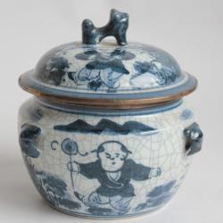 Pot couvert c&eacute;ramique craquel&eacute;e bleu blanc Chine