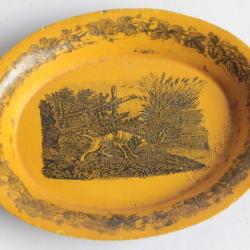 Petit plateau t&ocirc;le lithographie Chien de chasse XIXe si&egrave;cle