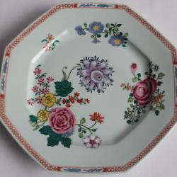 Assiette octogonale porcelaine Raynaud Limoges Fleurs Chine