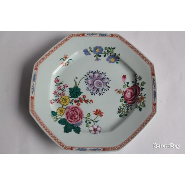 Assiette octogonale porcelaine Raynaud Limoges Fleurs Chine