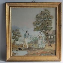 Tableau Broderie chenillée peinture soie XIXe siècle