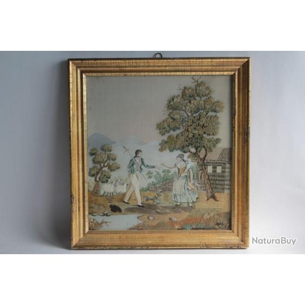 Tableau Broderie chenill�e peinture soie XIXe si�cle