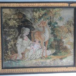 Tableau Broderie chenillée peinture soie XIXe siècle