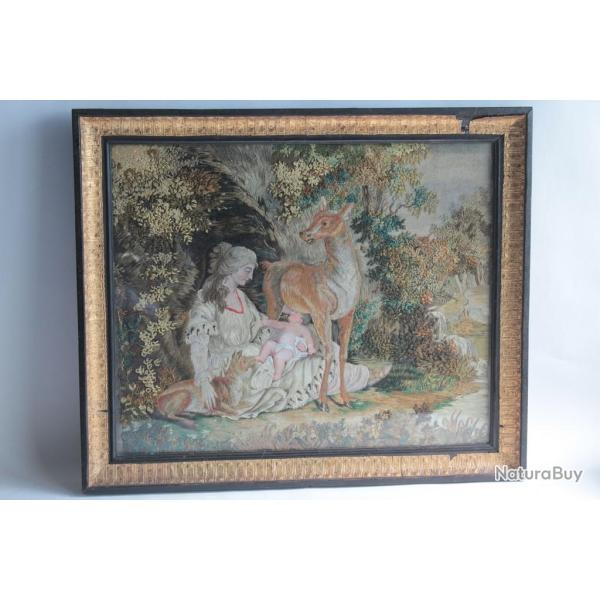 Tableau Broderie chenill�e peinture soie XIXe si�cle