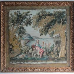 Tableau Broderie chenillée peinture soie Hoeth Lyon XIXe siècle