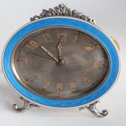 Pendulette R&eacute;veil argent &eacute;mail guilloch&eacute; Hase Gen&egrave;ve Art d&eacute;co