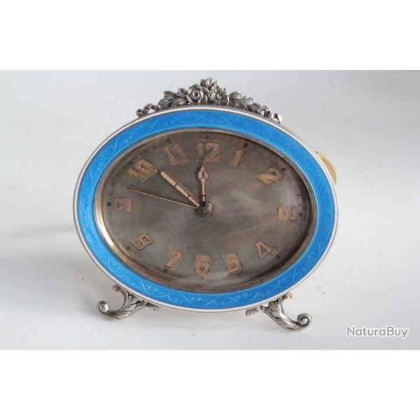 Pendulette R�veil argent �mail guilloch� Hase Gen�ve Art d�co