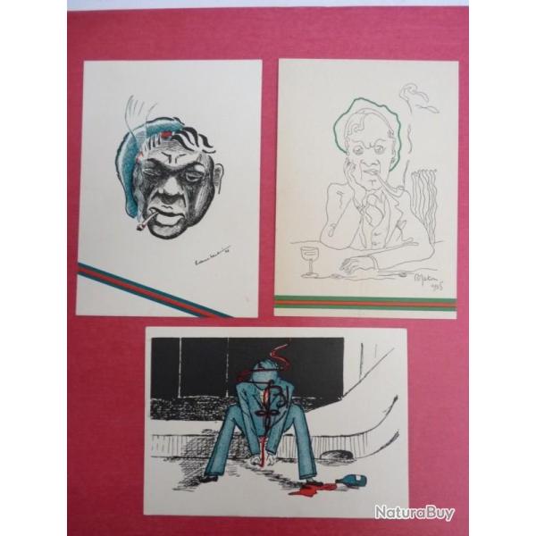 3 CP illustr�e semi-modernes Fum�e cigarette Rare Original