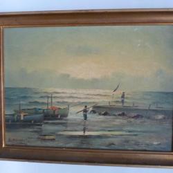 Peinture &agrave; l'huile sur panneau Bord de Mer Marine Bateaux