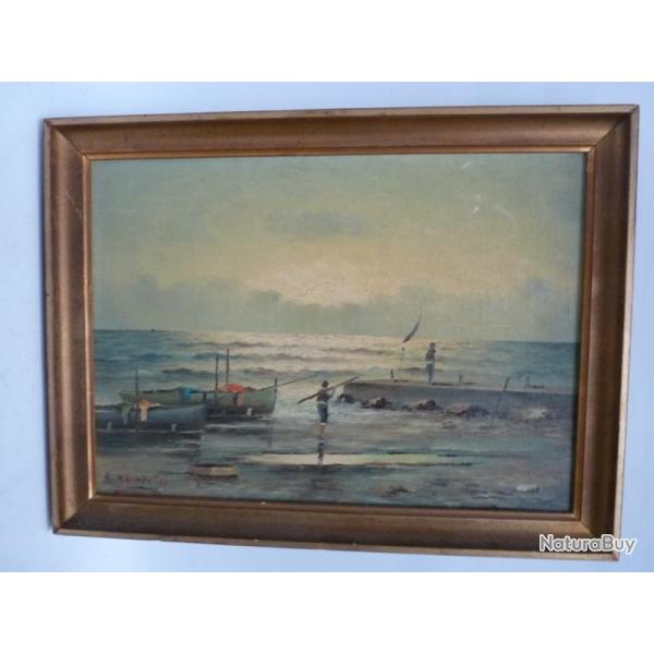 Peinture  l'huile sur panneau Bord de Mer Marine Bateaux