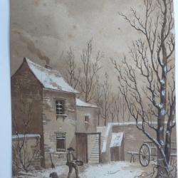 Lavis Maison Campagne Ferme XIXe si&egrave;cle Dessin