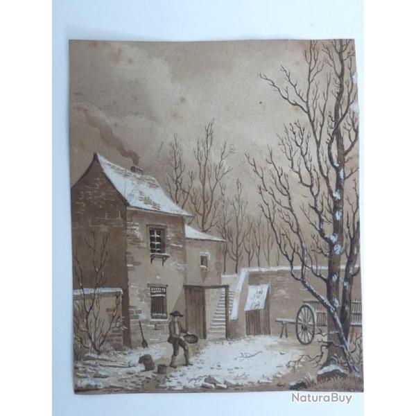 Lavis Maison Campagne Ferme XIXe si�cle Dessin