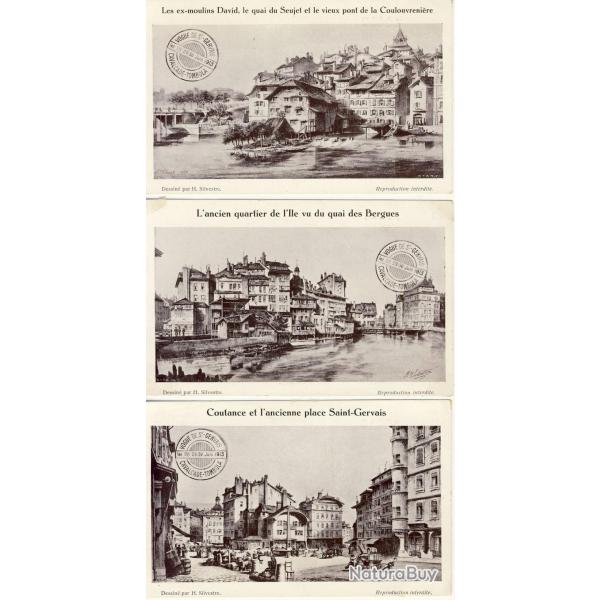 3 CPA illustr�es H. SILVESTRE Vogue de St GERVAIS Cavalcade Tombola moulins