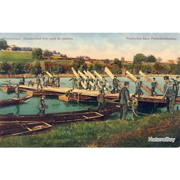 Carte Postale ancienne Arm�e Suisse Pontonniers Construction pont