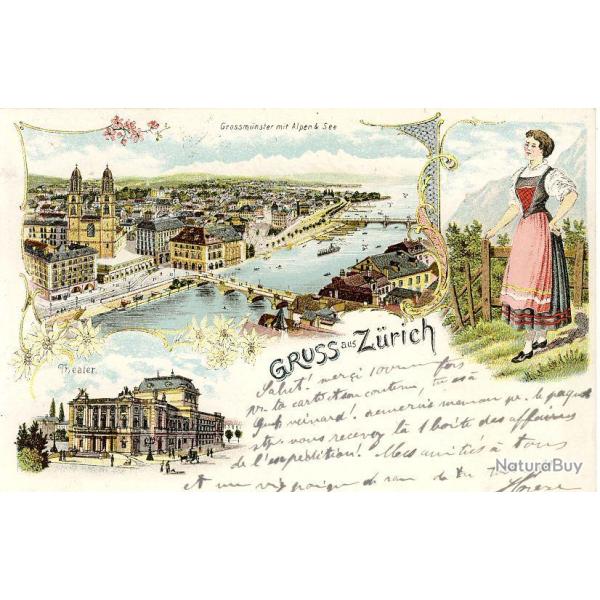 CPA SUISSE Gruss aus ZURICH Grossmunster mit Alpen & See 1901