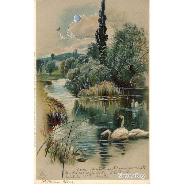 CPA animaux Oiseaux En relief Cygnes avec effets de brillance 1903 Rare