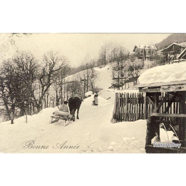CPA Bonne Ann�e 1908 Sc�ne de petit village luge