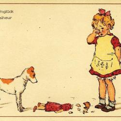 CPA illustrée PHILIPP F. Le malheur Petite fille poupée cassée et son chien